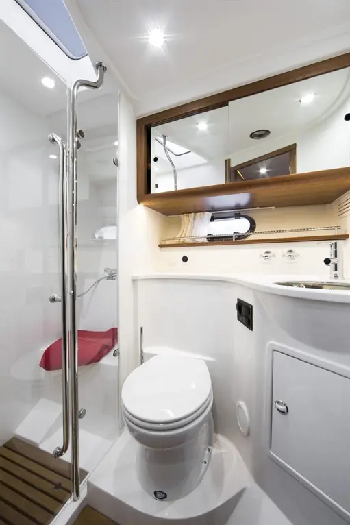 Compact marine bathroom featuring a shower, toilet, and sink with wooden accents and modern fixtures.